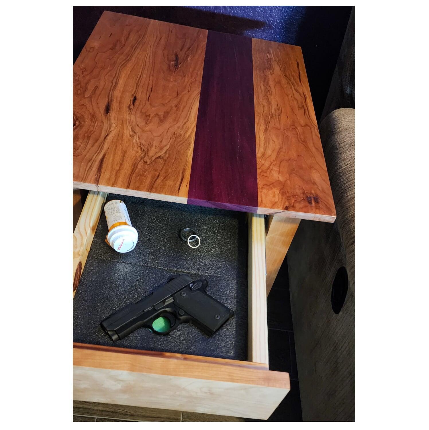 Cherry table with concealment compartment open
